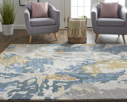 4' X 6' Gray Blue And Gold Wool Abstract Tufted Handmade Stain Resistant Area Rug