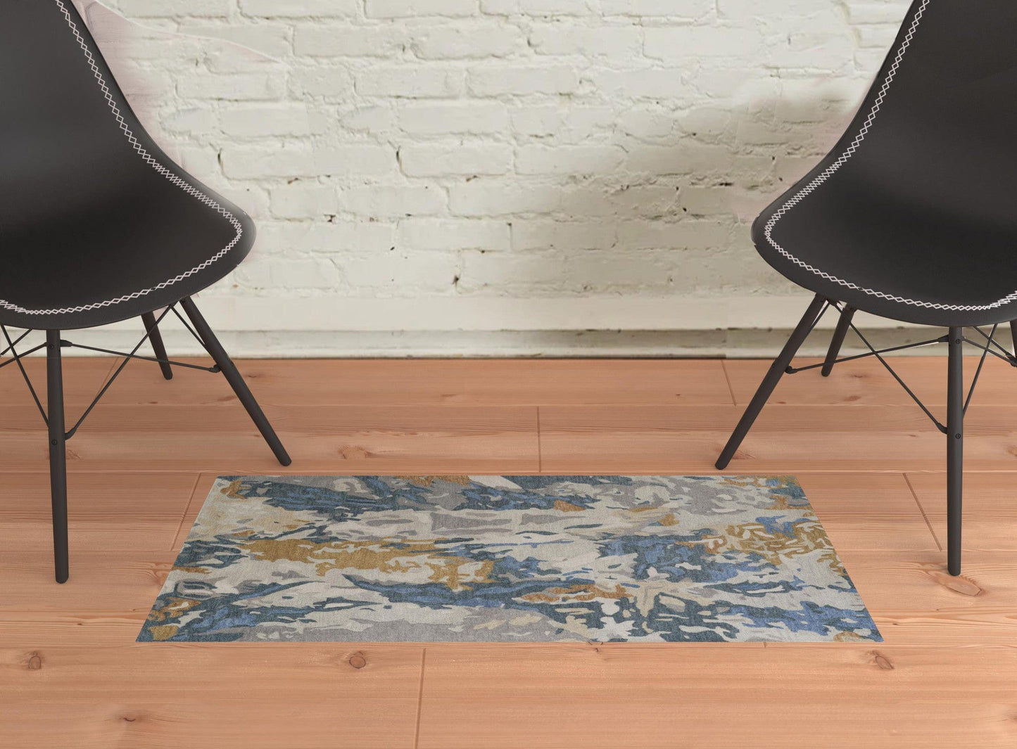 4' X 6' Gray Blue And Gold Wool Abstract Tufted Handmade Stain Resistant Area Rug