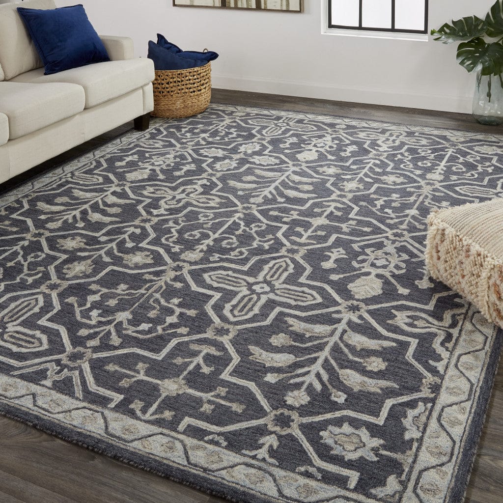 4' X 6' Blue And Gray Wool Floral Tufted Handmade Stain Resistant Area Rug