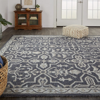 4' X 6' Blue And Gray Wool Floral Tufted Handmade Stain Resistant Area Rug
