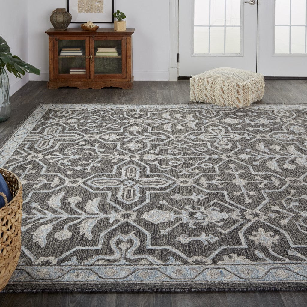 4' X 6' Blue And Gray Wool Floral Tufted Handmade Stain Resistant Area Rug