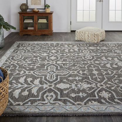 4' X 6' Blue And Gray Wool Floral Tufted Handmade Stain Resistant Area Rug