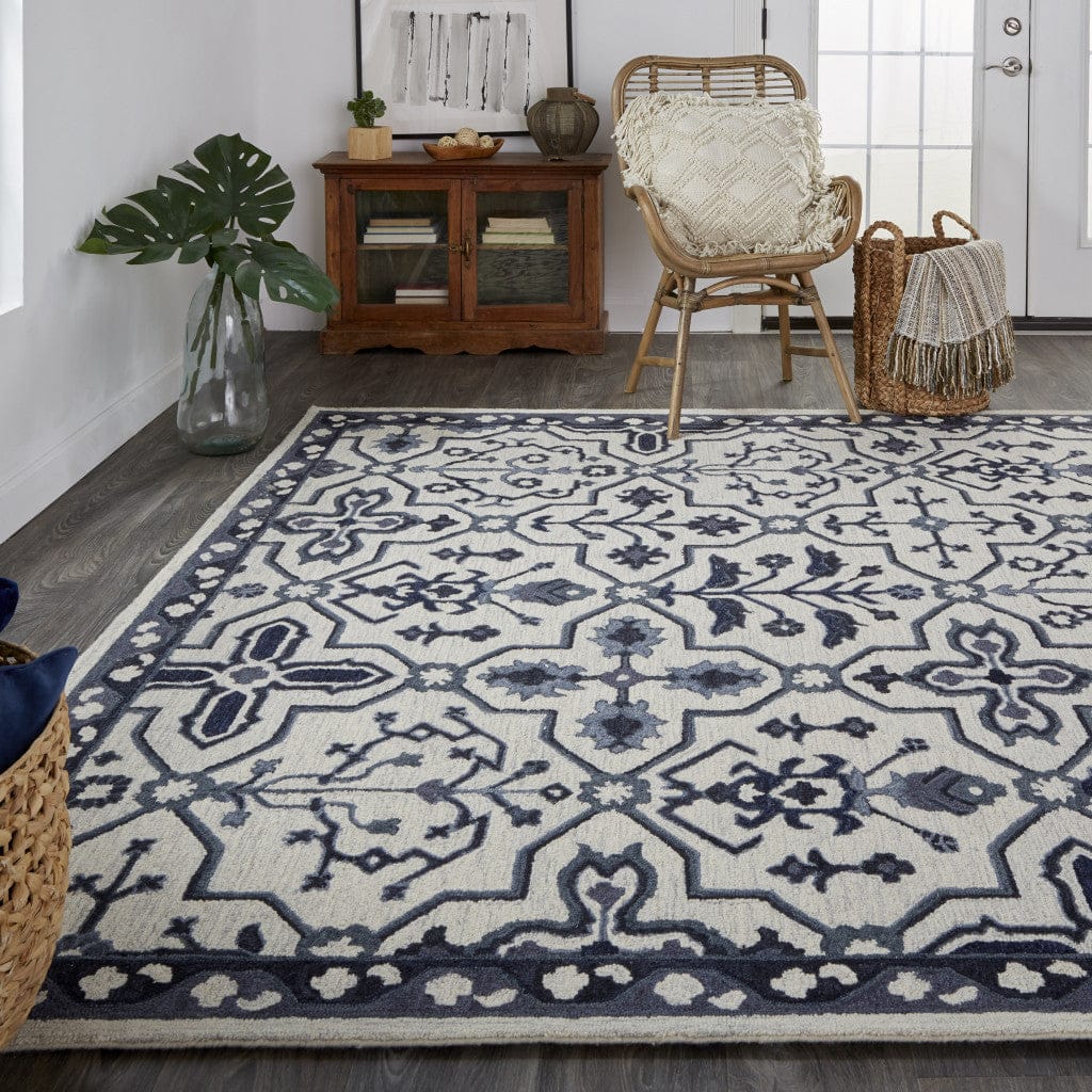 4' X 6' Blue And Gray Wool Floral Tufted Handmade Stain Resistant Area Rug