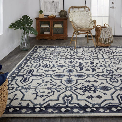 4' X 6' Blue And Gray Wool Floral Tufted Handmade Stain Resistant Area Rug