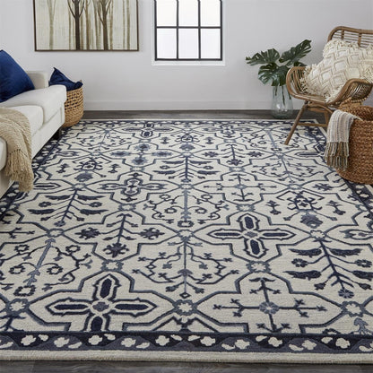 4' X 6' Blue And Gray Wool Floral Tufted Handmade Stain Resistant Area Rug