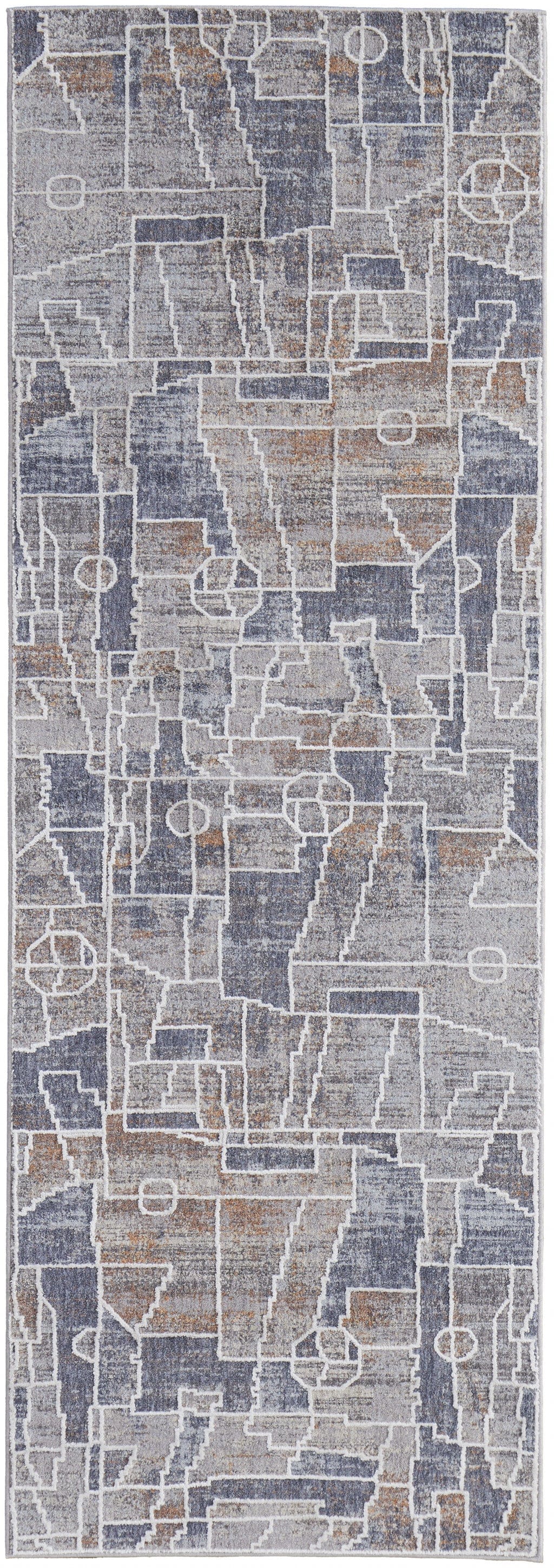 4' X 6' Blue Gray And Orange Geometric Power Loom Stain Resistant Area Rug