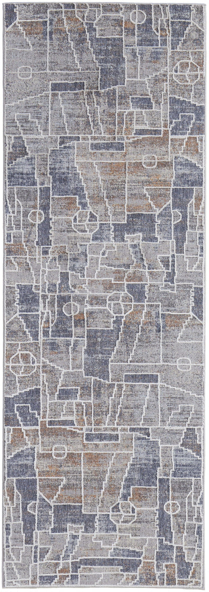 4' X 6' Blue Gray And Orange Geometric Power Loom Stain Resistant Area Rug