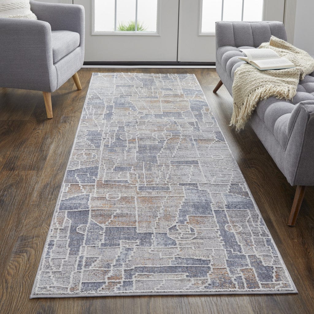4' X 6' Blue Gray And Orange Geometric Power Loom Stain Resistant Area Rug