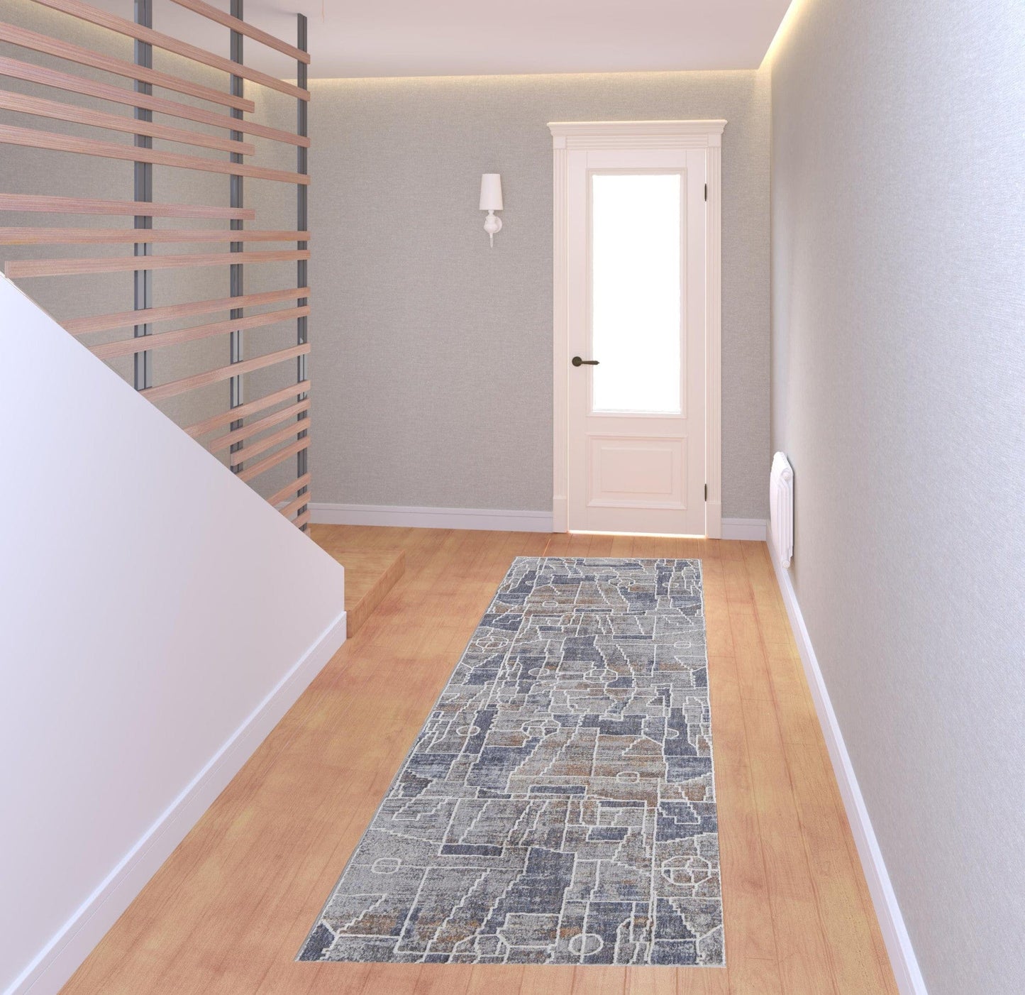 4' X 6' Blue Gray And Orange Geometric Power Loom Stain Resistant Area Rug