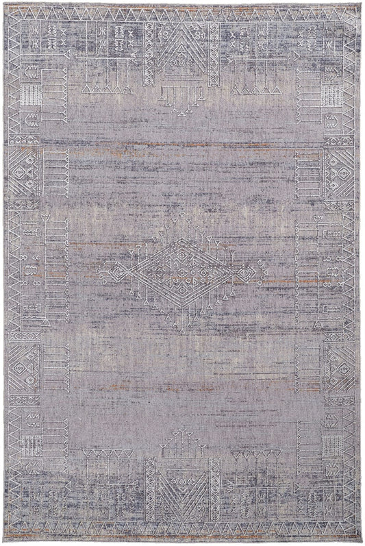 4' X 6' Gray Ivory And Orange Geometric Power Loom Distressed Stain Resistant Area Rug