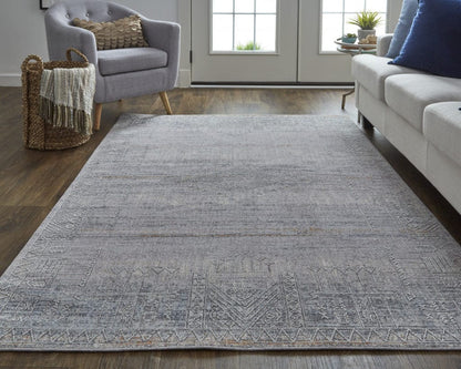 4' X 6' Gray Ivory And Orange Geometric Power Loom Distressed Stain Resistant Area Rug