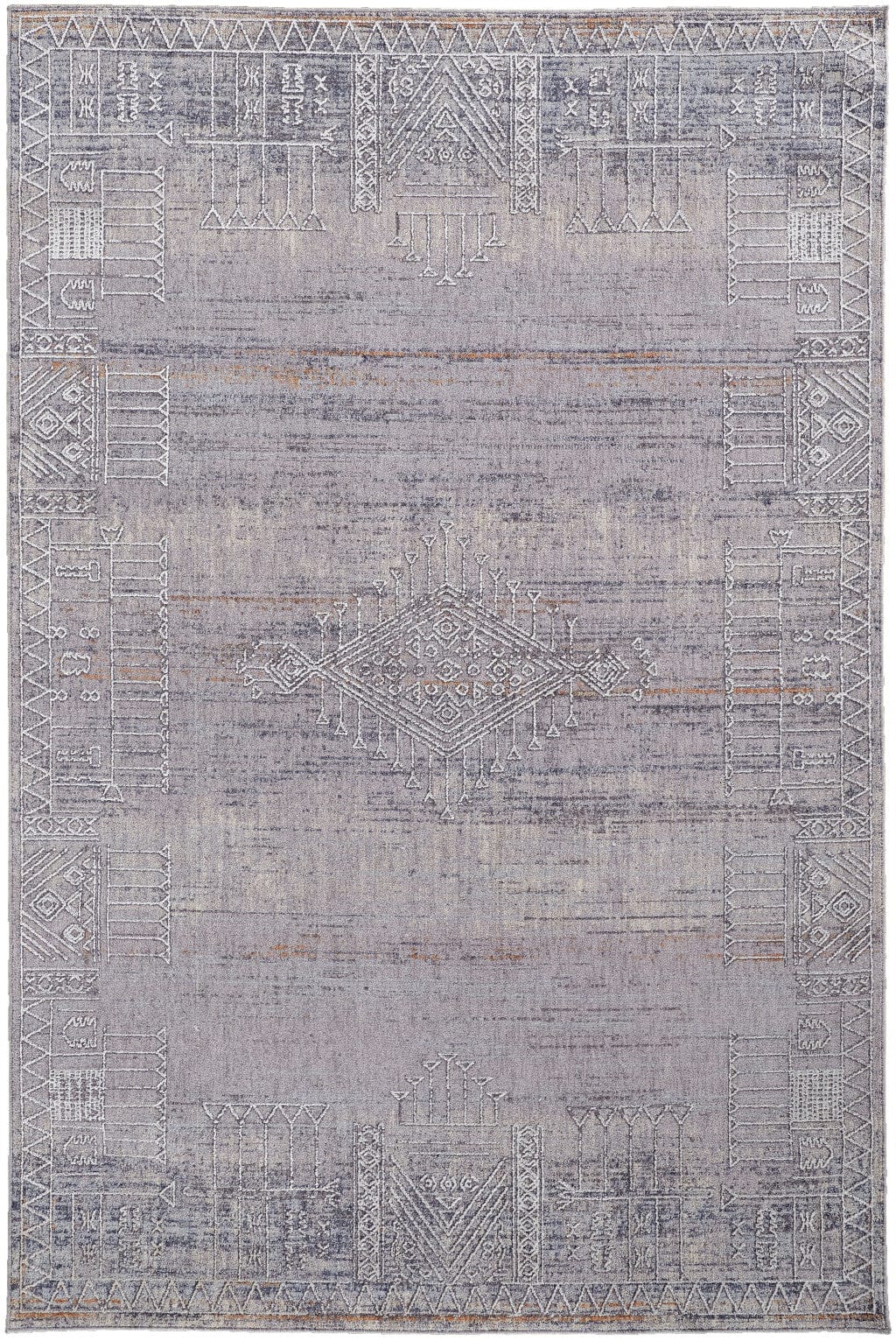 4' X 6' Gray Ivory And Orange Geometric Power Loom Distressed Stain Resistant Area Rug