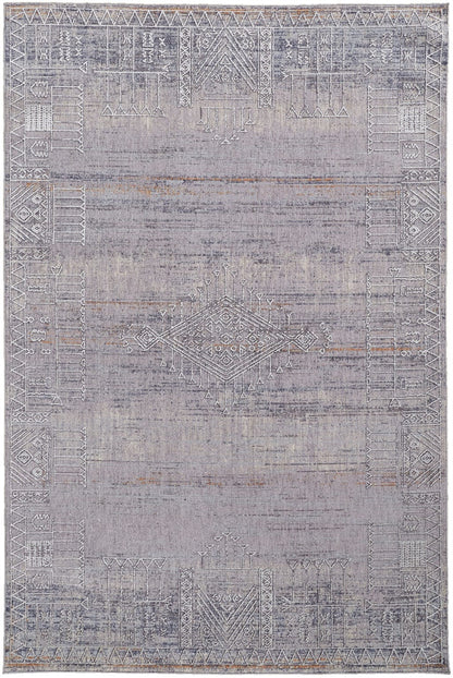 4' X 6' Gray Ivory And Orange Geometric Power Loom Distressed Stain Resistant Area Rug