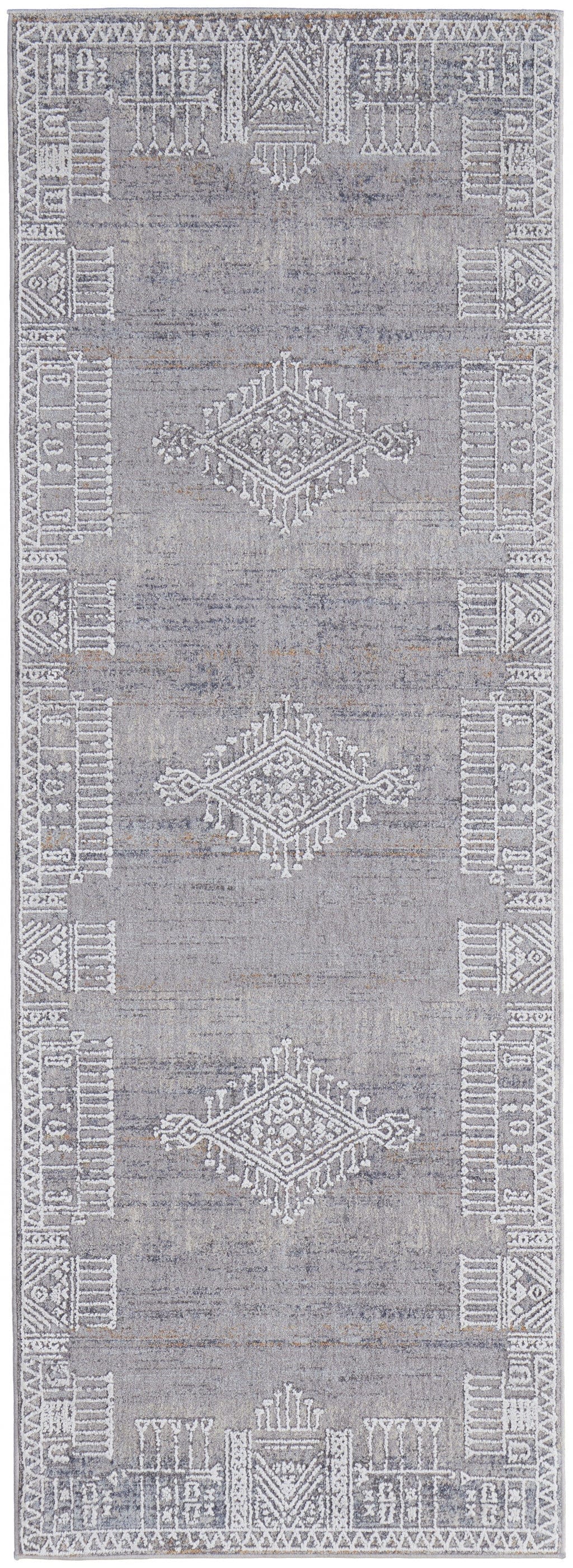 4' X 6' Gray Ivory And Orange Geometric Power Loom Distressed Stain Resistant Area Rug