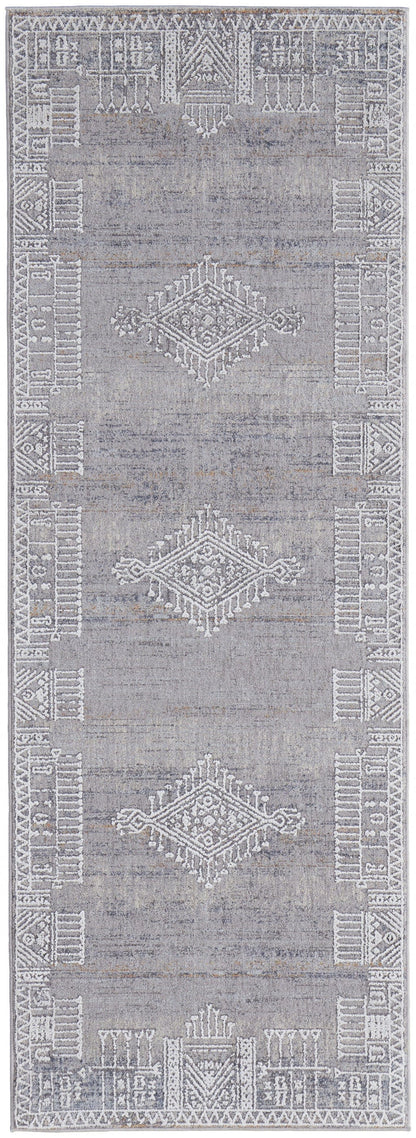 4' X 6' Gray Ivory And Orange Geometric Power Loom Distressed Stain Resistant Area Rug