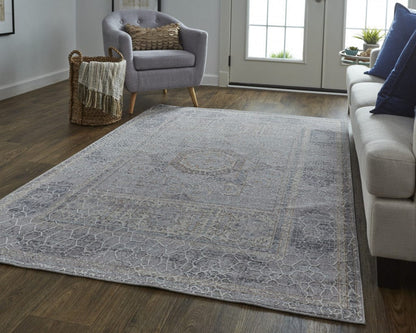 4' X 6' Gray And Ivory Floral Power Loom Distressed Stain Resistant Area Rug