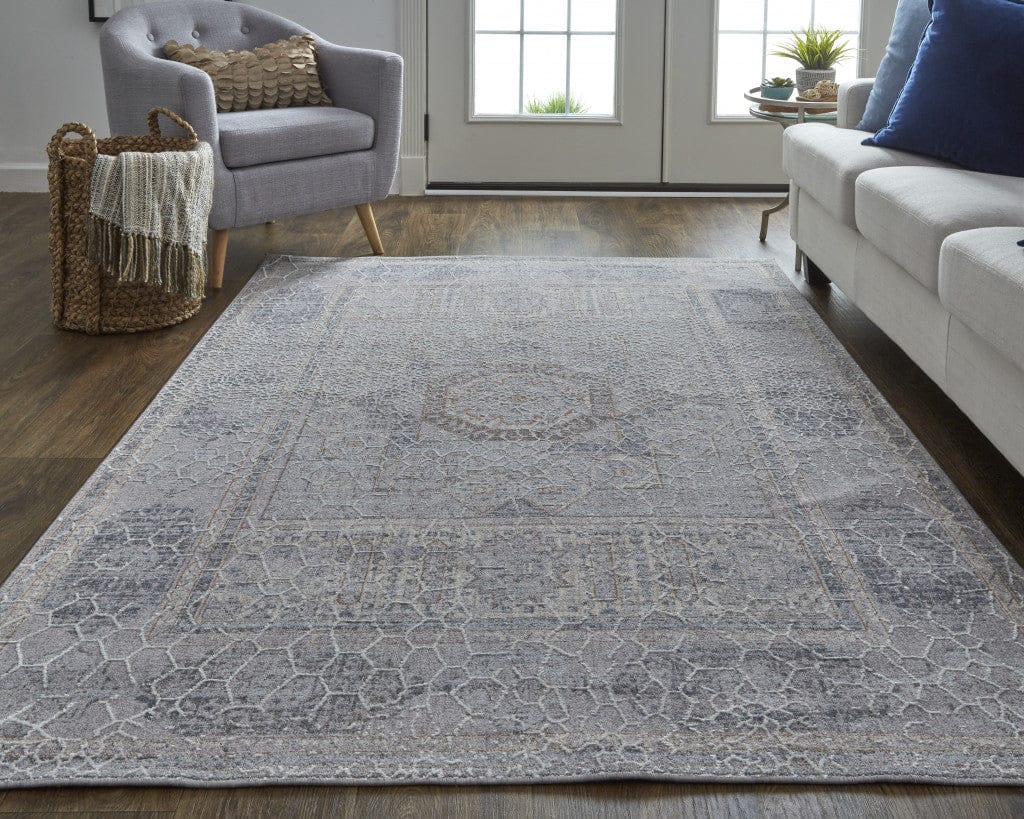 4' X 6' Gray And Ivory Floral Power Loom Distressed Stain Resistant Area Rug