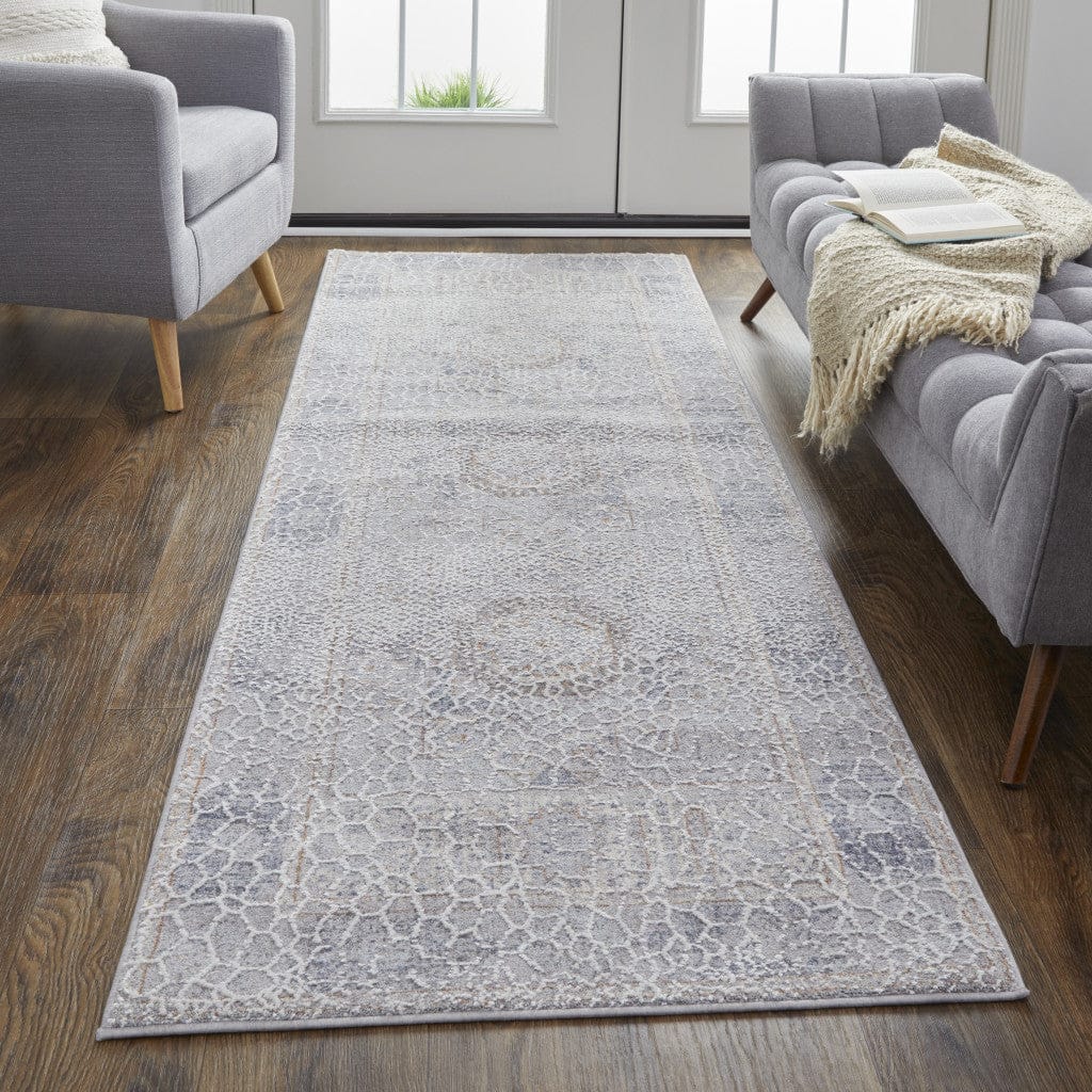 4' X 6' Gray And Ivory Floral Power Loom Distressed Stain Resistant Area Rug