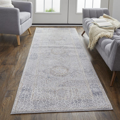 4' X 6' Gray And Ivory Floral Power Loom Distressed Stain Resistant Area Rug