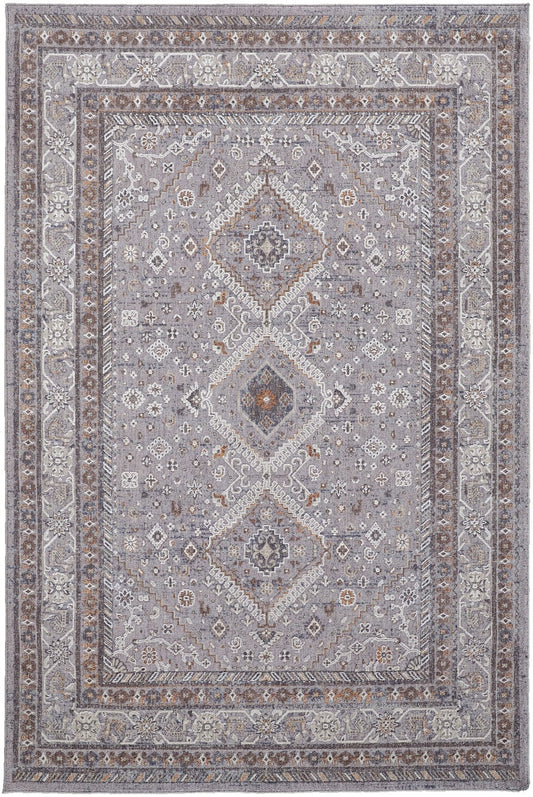 4' X 6' Gray Orange And Ivory Floral Power Loom Stain Resistant Area Rug