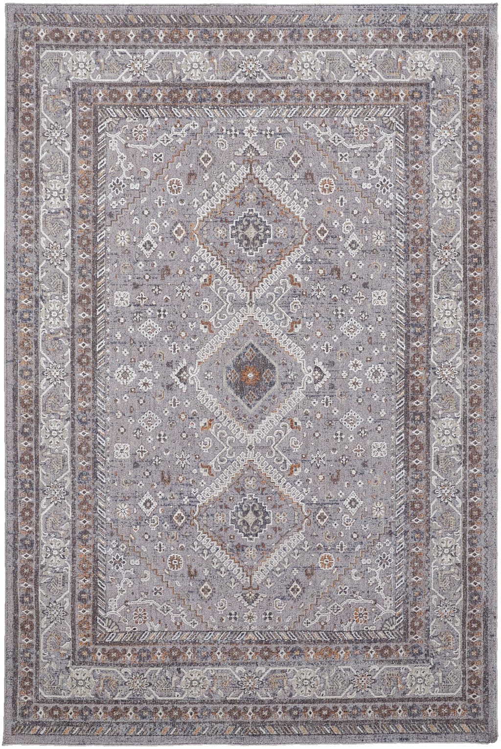 4' X 6' Gray Orange And Ivory Floral Power Loom Stain Resistant Area Rug