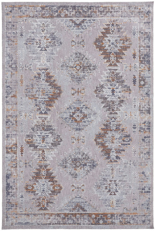 4' X 6' Gray Orange And Blue Geometric Power Loom Distressed Stain Resistant Area Rug