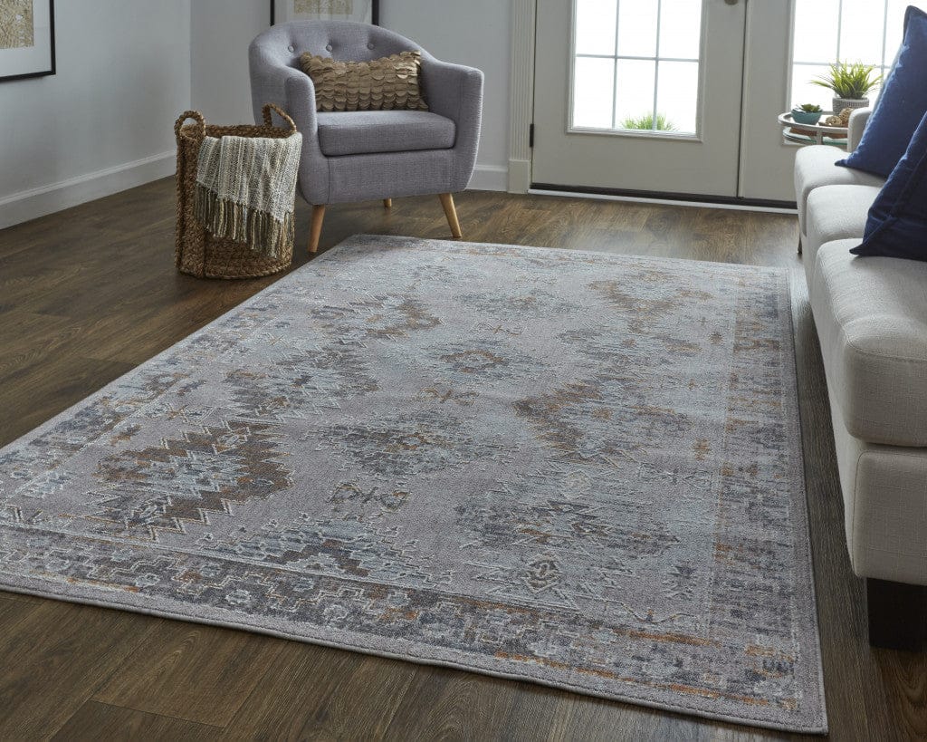 4' X 6' Gray Orange And Blue Geometric Power Loom Distressed Stain Resistant Area Rug