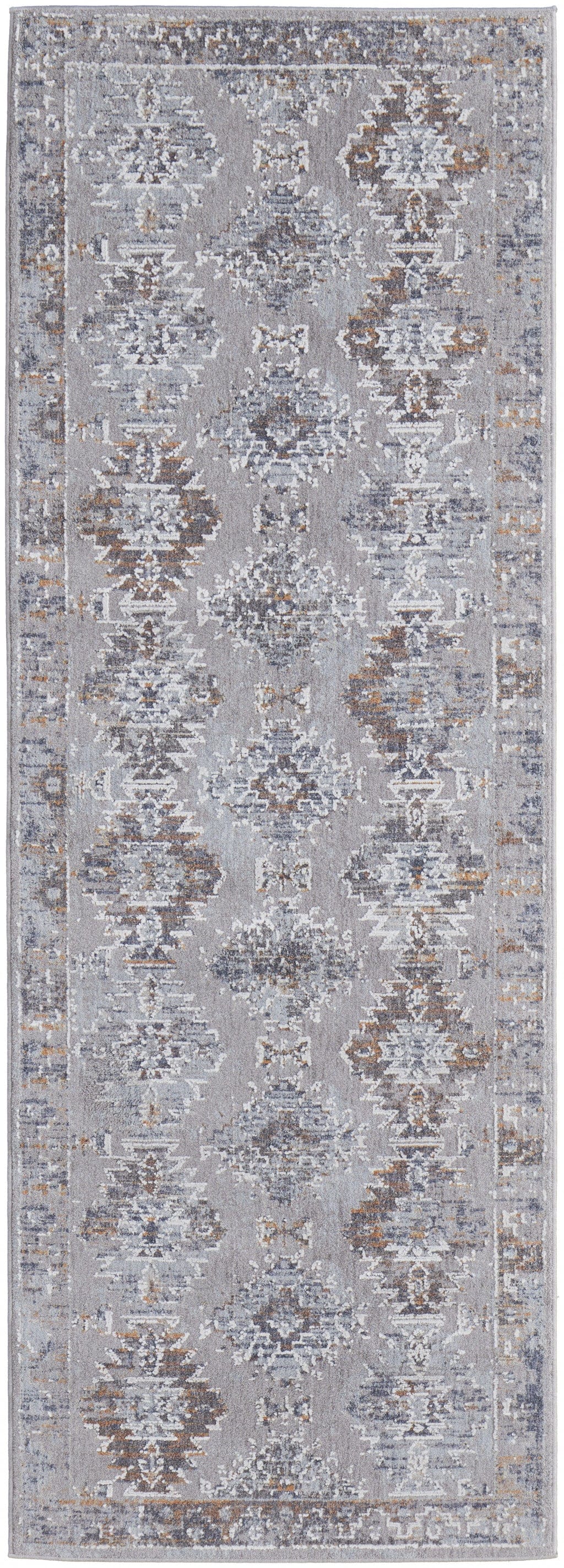 4' X 6' Gray Orange And Blue Geometric Power Loom Distressed Stain Resistant Area Rug