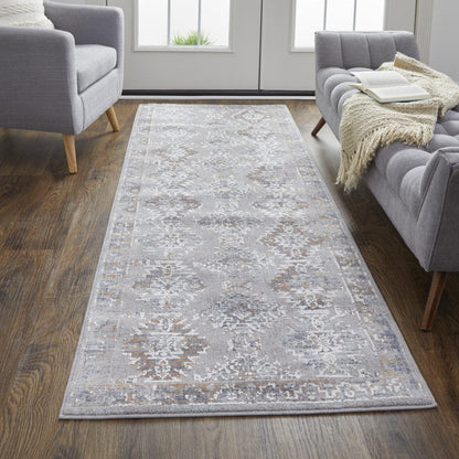 4' X 6' Gray Orange And Blue Geometric Power Loom Distressed Stain Resistant Area Rug