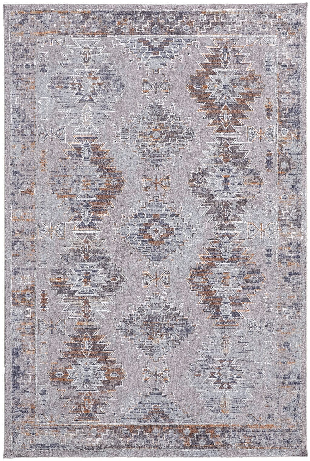 4' X 6' Gray Orange And Blue Geometric Power Loom Distressed Stain Resistant Area Rug
