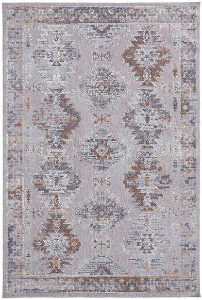 4' X 6' Gray Orange And Blue Geometric Power Loom Distressed Stain Resistant Area Rug