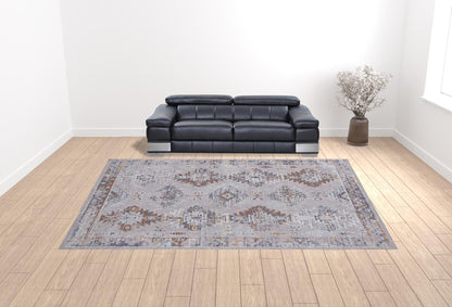 4' X 6' Gray Orange And Blue Geometric Power Loom Distressed Stain Resistant Area Rug