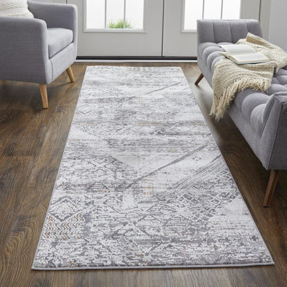 4' X 6' Ivory And Gray Geometric Power Loom Distressed Stain Resistant Area Rug