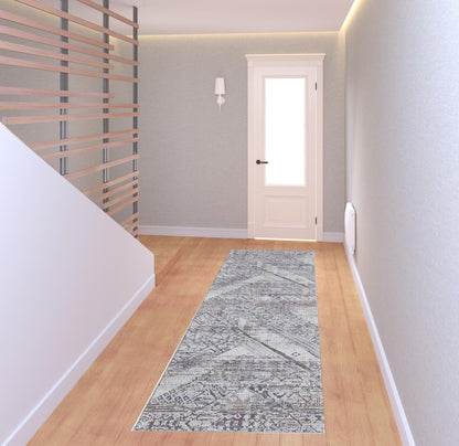 4' X 6' Ivory And Gray Geometric Power Loom Distressed Stain Resistant Area Rug