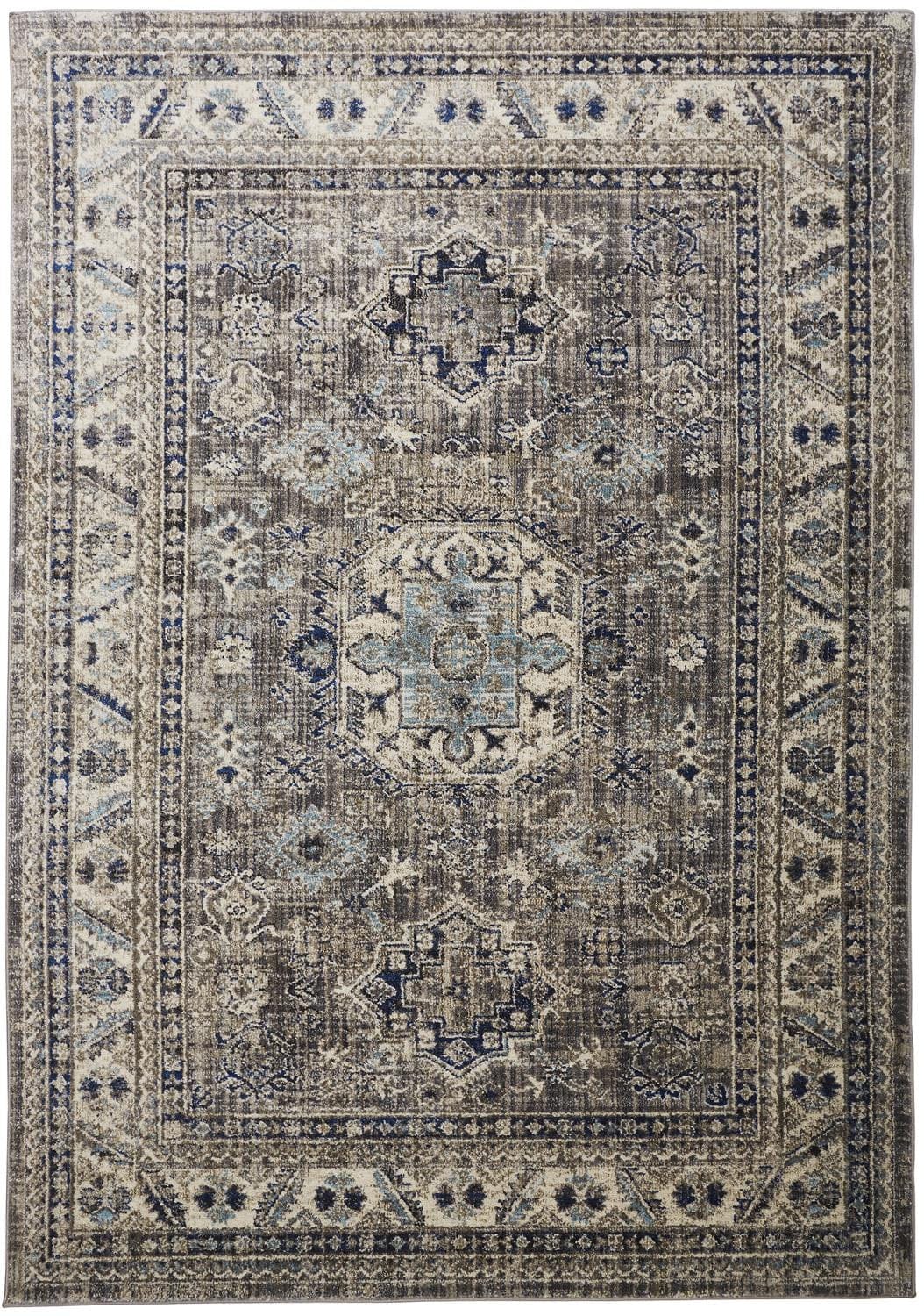 5' X 8' Taupe Gray And Blue Floral Stain Resistant Area Rug
