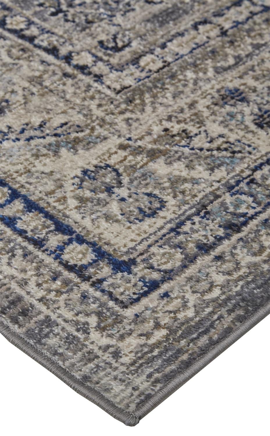 5' X 8' Taupe Gray And Blue Floral Stain Resistant Area Rug