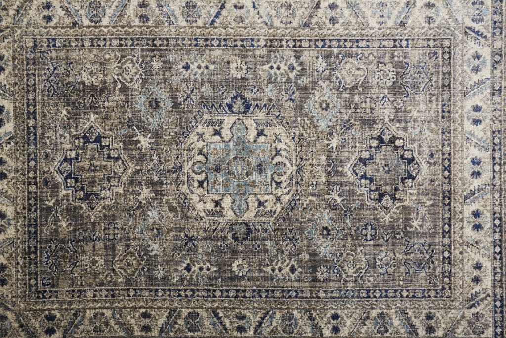 5' X 8' Taupe Gray And Blue Floral Stain Resistant Area Rug