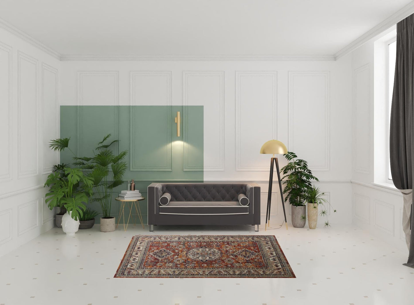 5' X 8' Taupe Gray And Blue Floral Stain Resistant Area Rug