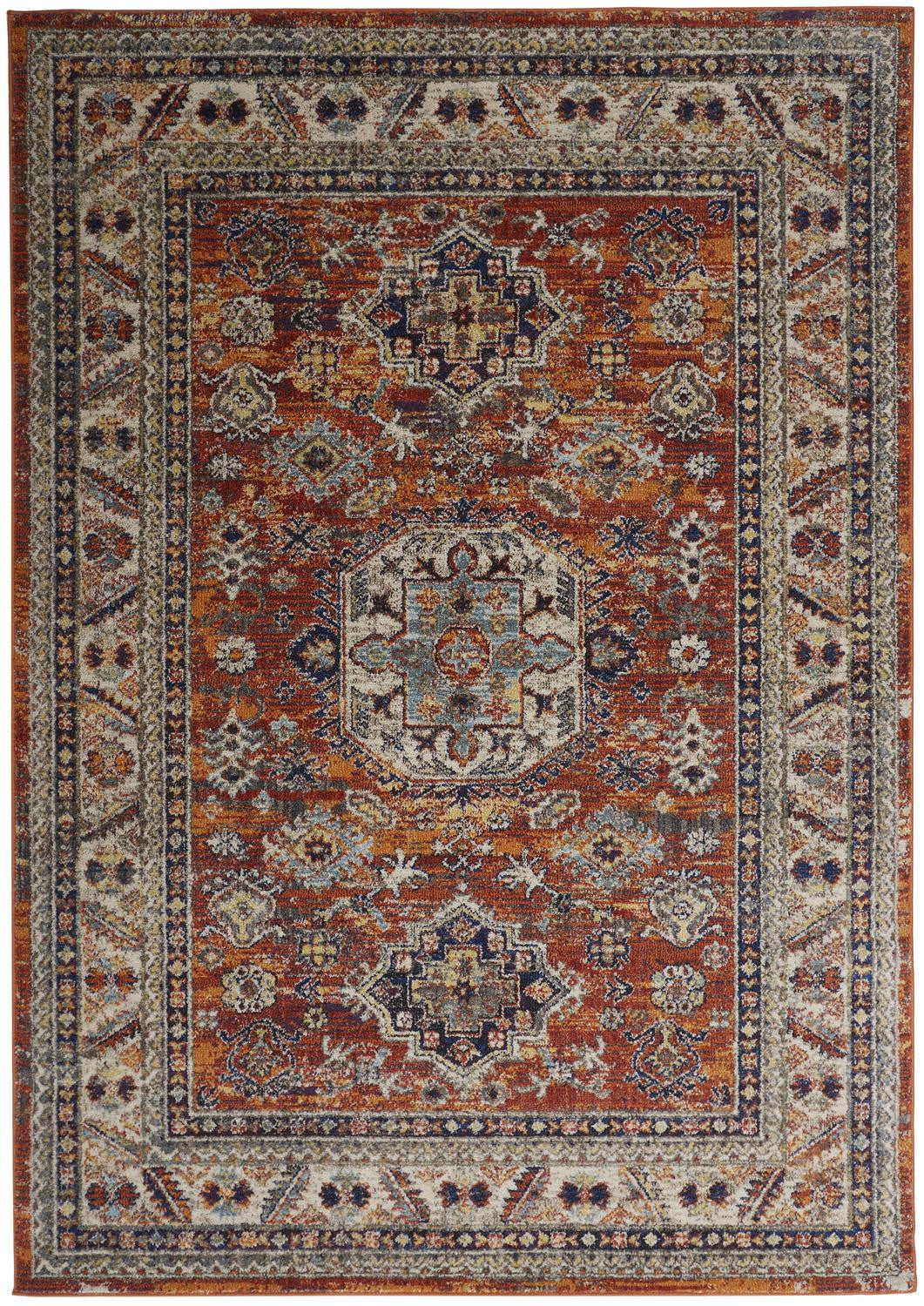 5' X 8' Taupe Gray And Blue Floral Stain Resistant Area Rug