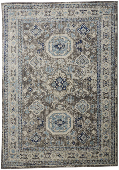 5' X 8' Gray Brown And Blue Floral Stain Resistant Area Rug