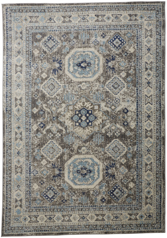 5' X 8' Gray Brown And Blue Floral Stain Resistant Area Rug