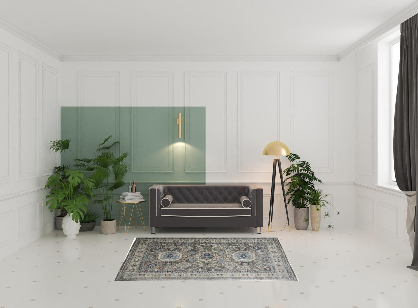 5' X 8' Gray Brown And Blue Floral Stain Resistant Area Rug