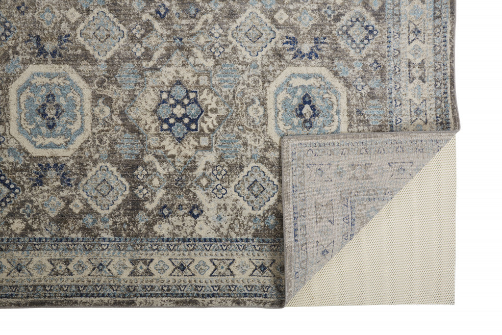 5' X 8' Gray Brown And Blue Floral Stain Resistant Area Rug
