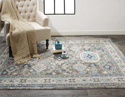 5' X 8' Gray Brown And Blue Floral Stain Resistant Area Rug