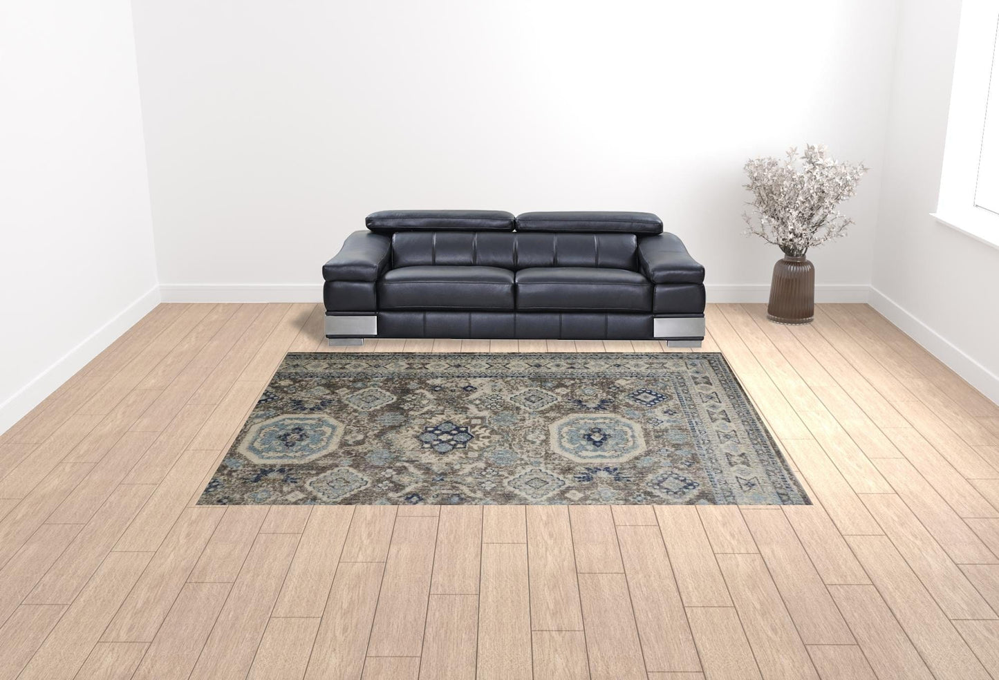 5' X 8' Gray Brown And Blue Floral Stain Resistant Area Rug