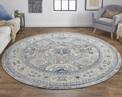 5' X 8' Gray Brown And Blue Floral Stain Resistant Area Rug