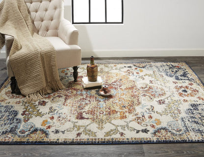 8' X 11' Ivory Gold And Blue Floral Stain Resistant Area Rug