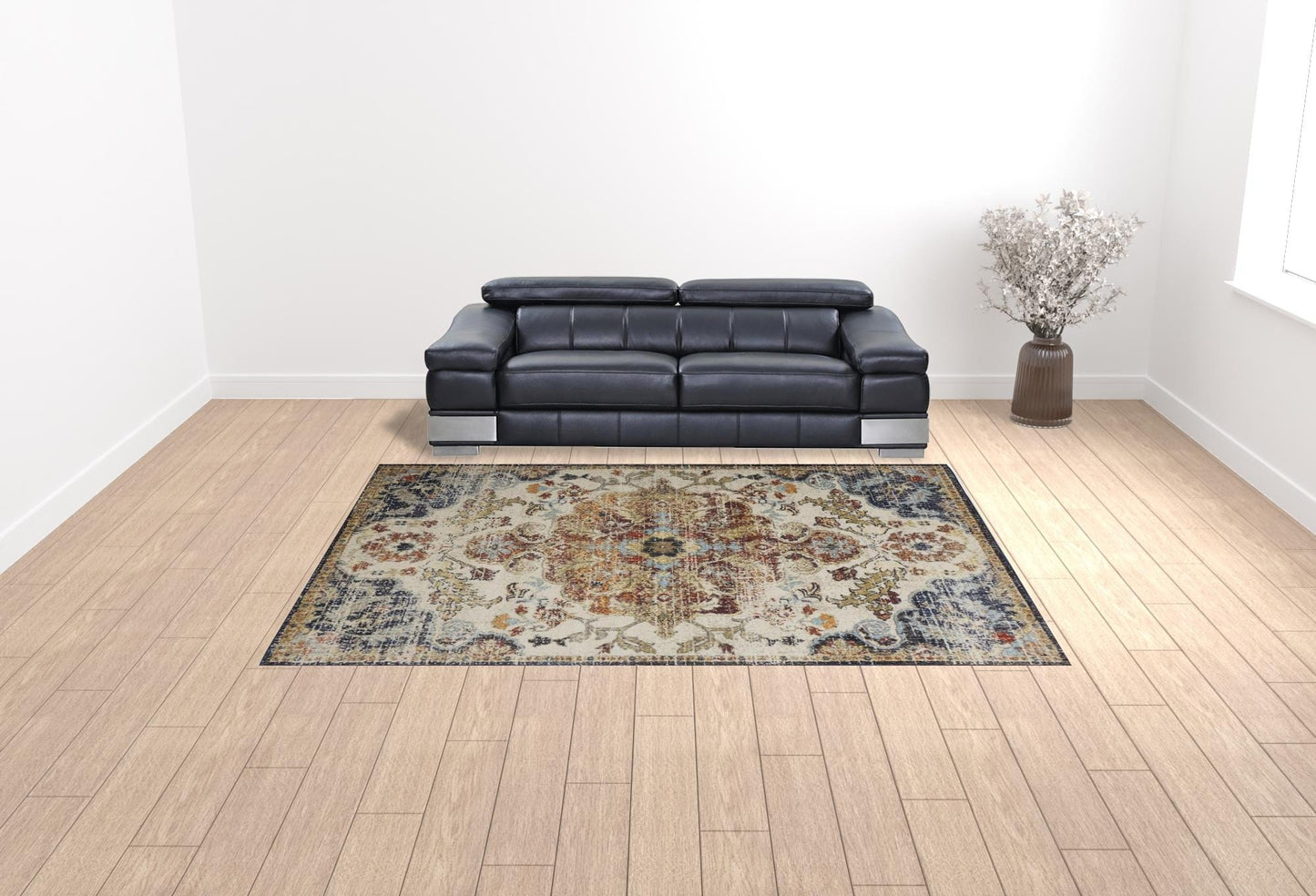 8' X 11' Ivory Gold And Blue Floral Stain Resistant Area Rug