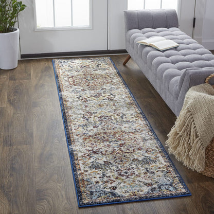 8' X 11' Ivory Gold And Blue Floral Stain Resistant Area Rug