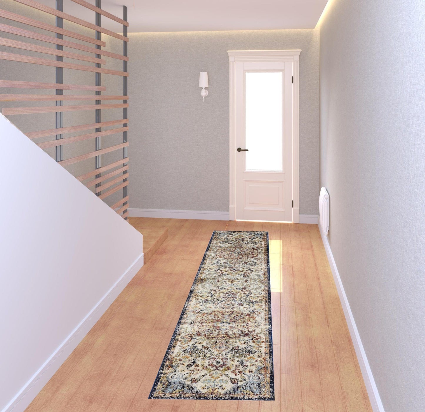 8' X 11' Ivory Gold And Blue Floral Stain Resistant Area Rug